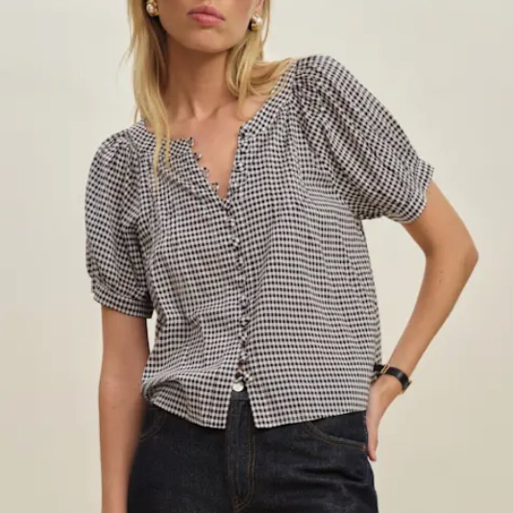 BEST Reformation Calia Top XS/M Remy Check Black White French Blouse - Picture 2 of 6